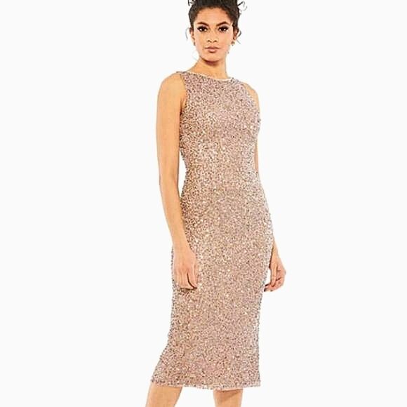 Mac Duggal Sequins Rose Gold Sleeveless Sheath Dress Sz 0 - Picture 1 of 16